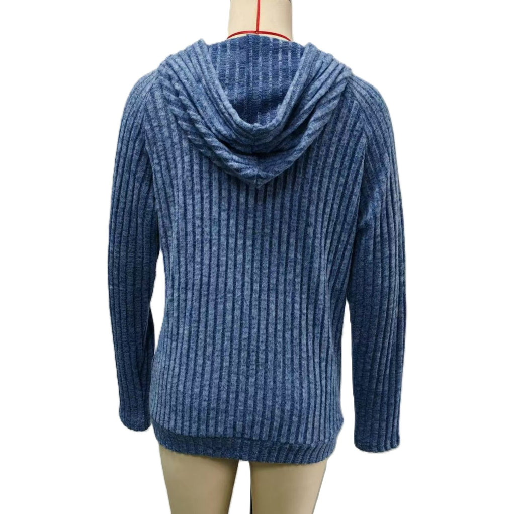 Ribbed Hooded Drawstring Pocket Top - Blue - 1