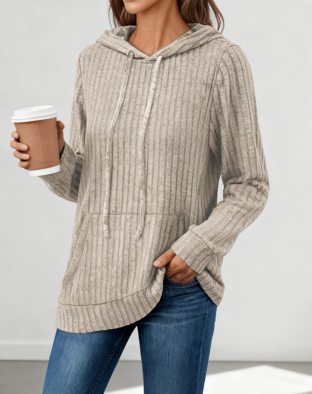 Ribbed Hooded Drawstring Pocket Top - Coffee