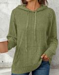 Ribbed Hooded Drawstring Pocket Top - Green
