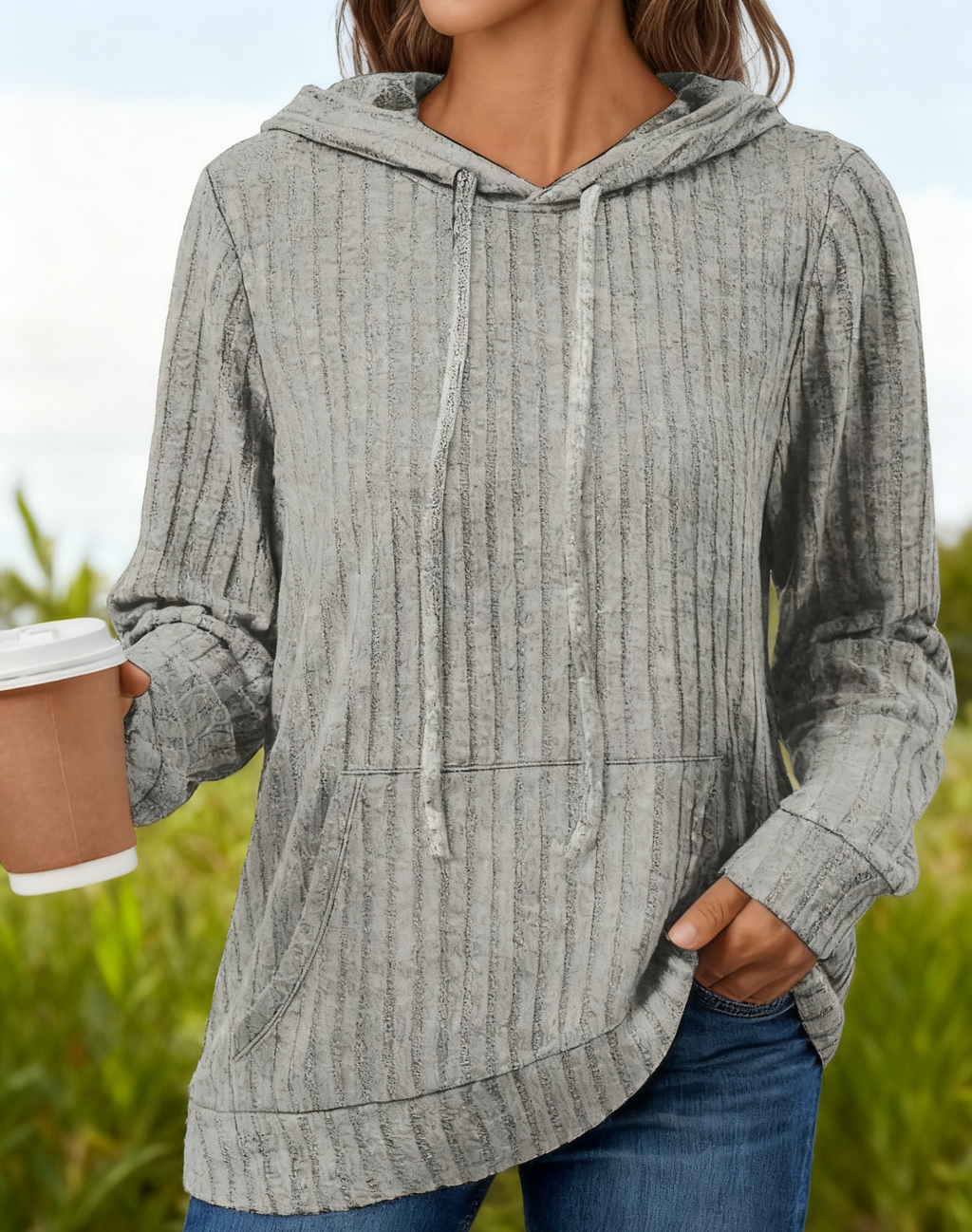Ribbed Hooded Drawstring Pocket Top - Grey