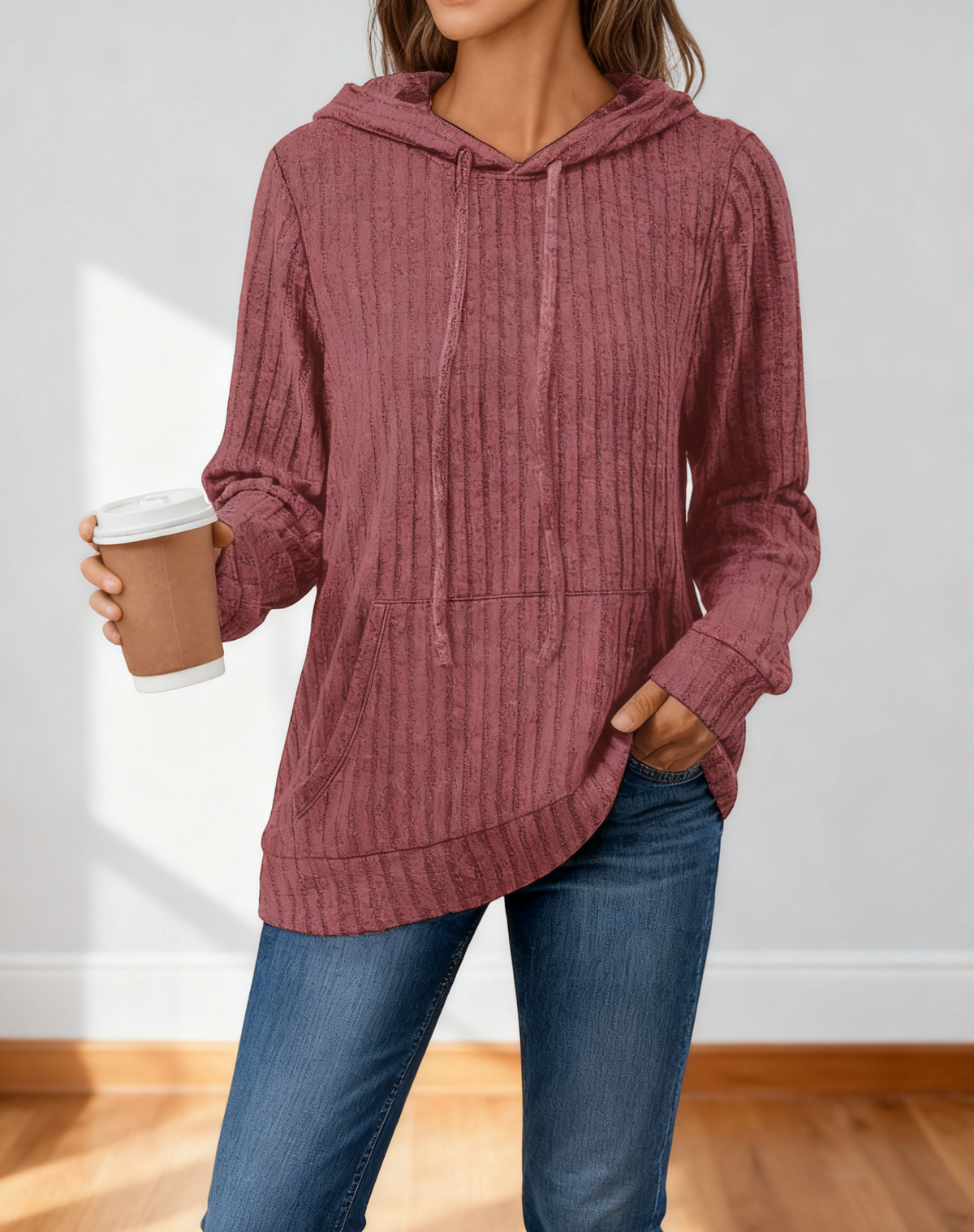 Ribbed Hooded Drawstring Pocket Top - Red