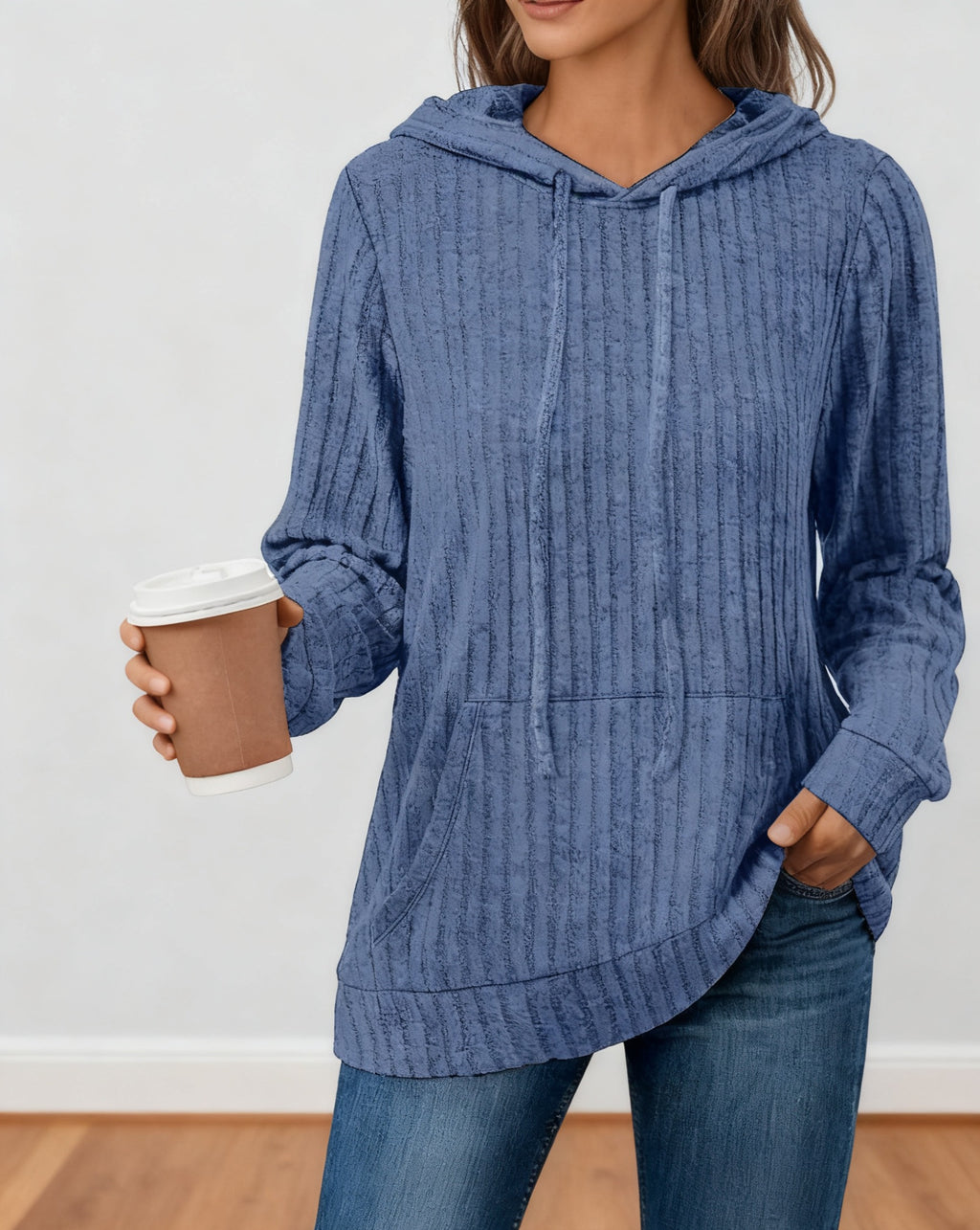 Ribbed Hooded Drawstring Pocket Top