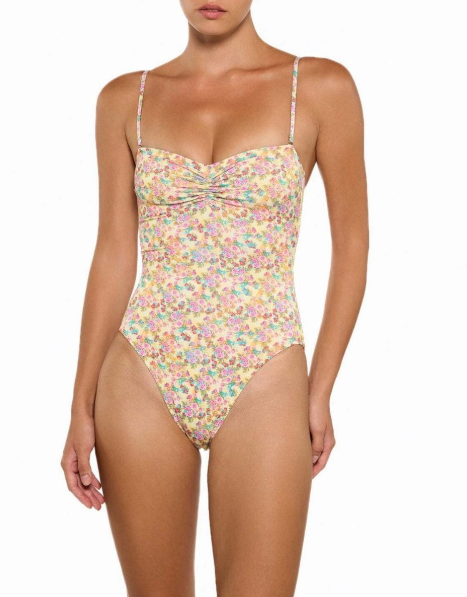 Ditsy Floral Ruched Bust One Piece Swimsuit - Yellow
