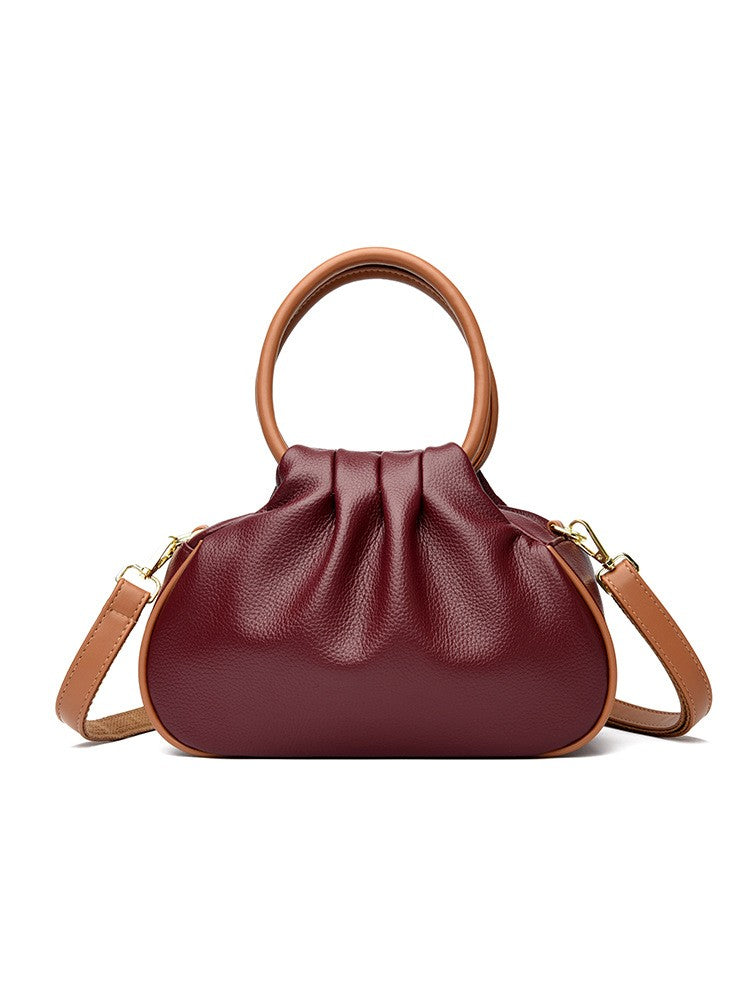 Ruched Ring Handle Bag with Crossbody Strap - Burgundy