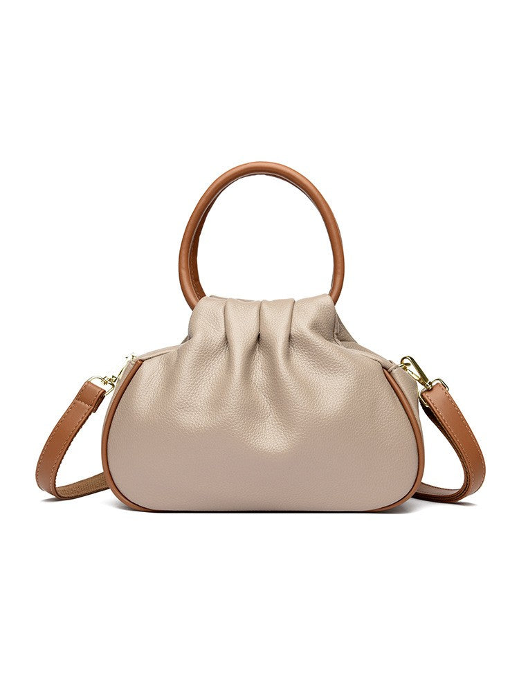 Ruched Ring Handle Bag with Crossbody Strap - Khaki