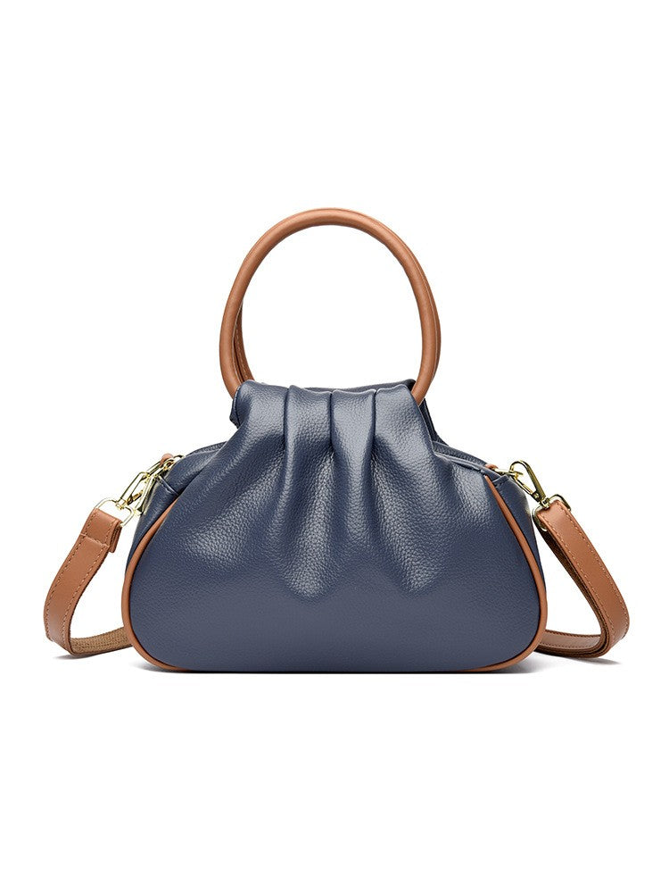 Ruched Ring Handle Bag with Crossbody Strap - Navy