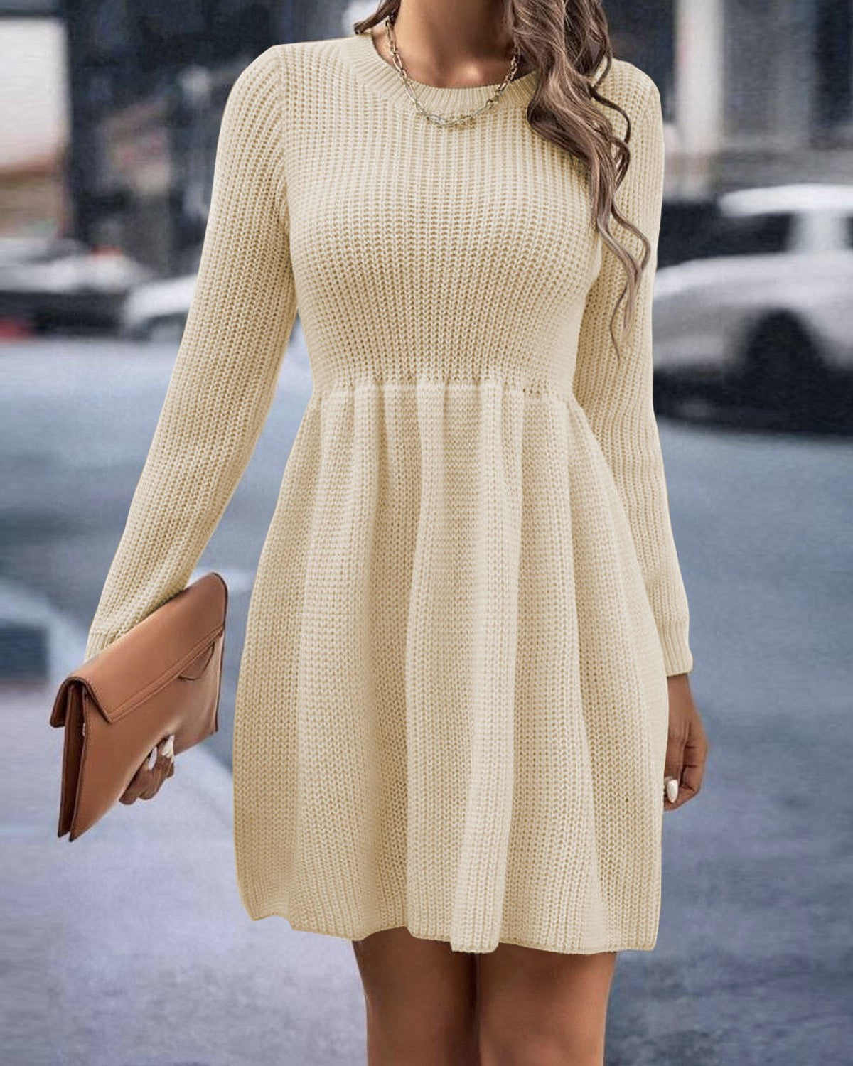 Ribbed Knit Fit And Flare Mini Dress - Apricot