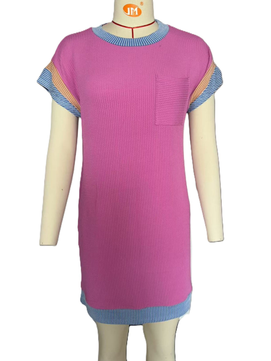 Color Block Ribbed Pocket Shift Mini Dress - Rose - 2