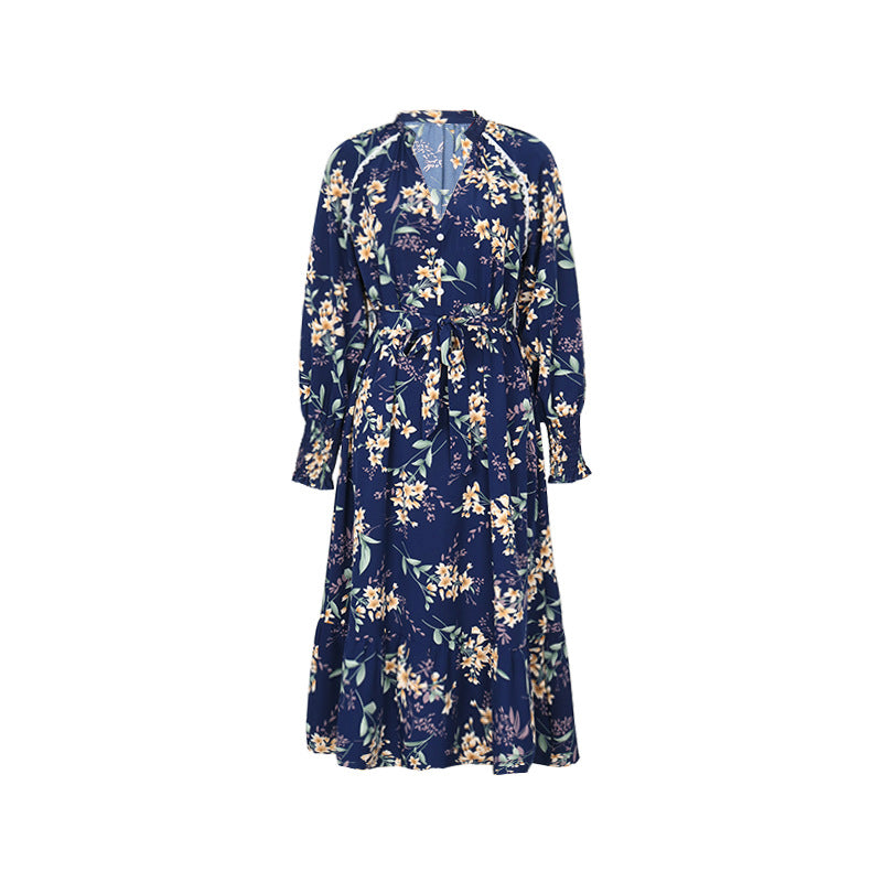 Blue Floral Surplice Long Sleeve Midi Dress - Blue
