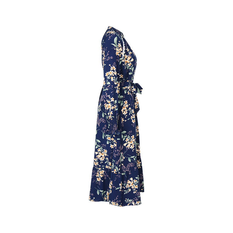 Blue Floral Surplice Long Sleeve Midi Dress - Blue - 1