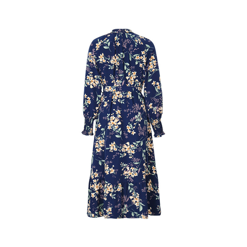 Blue Floral Surplice Long Sleeve Midi Dress - Blue - 2