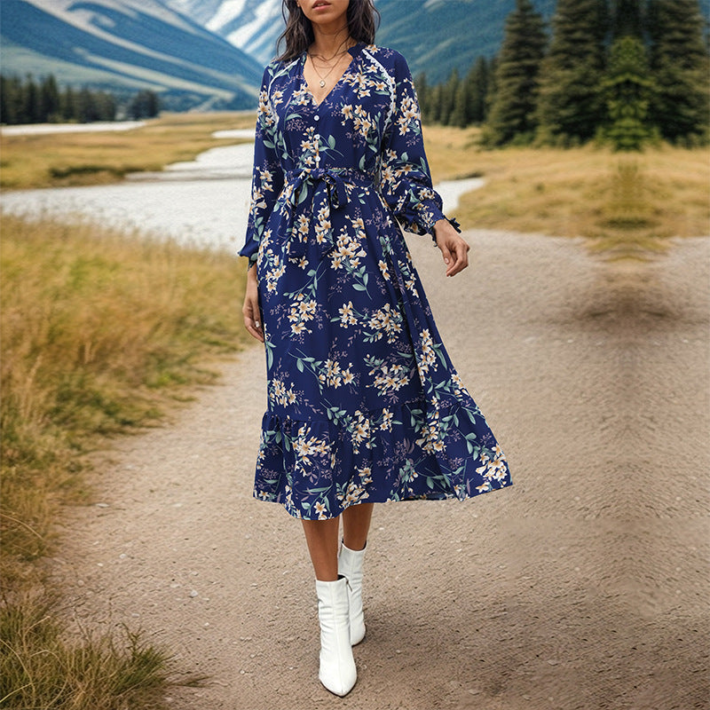 Blue Floral Surplice Long Sleeve Midi Dress - Blue - 3
