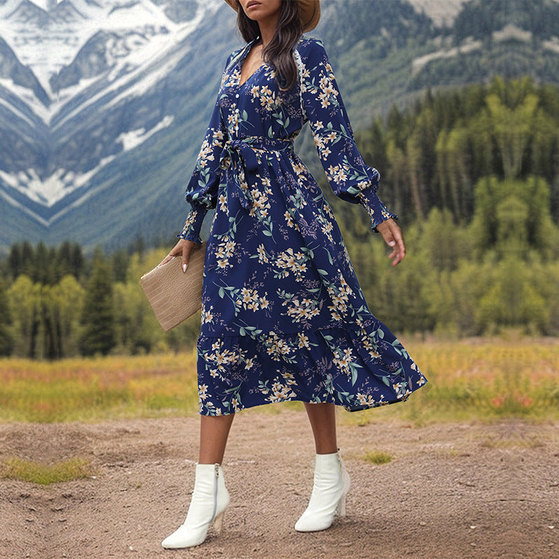 Blue Floral Surplice Long Sleeve Midi Dress - Blue - 4