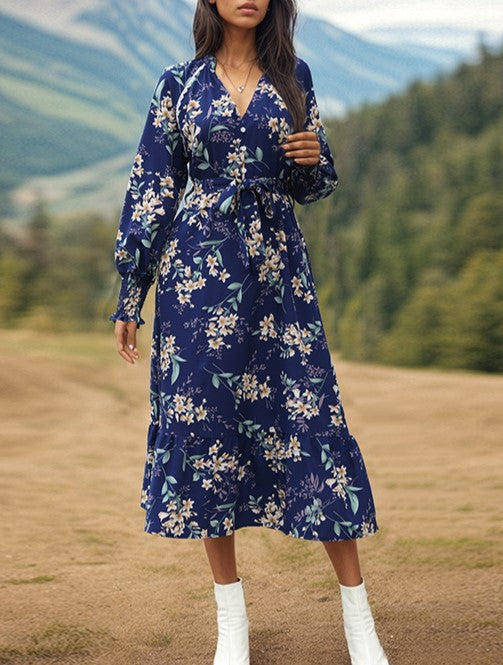 Blue Floral Surplice Long Sleeve Midi Dress - Blue - 5