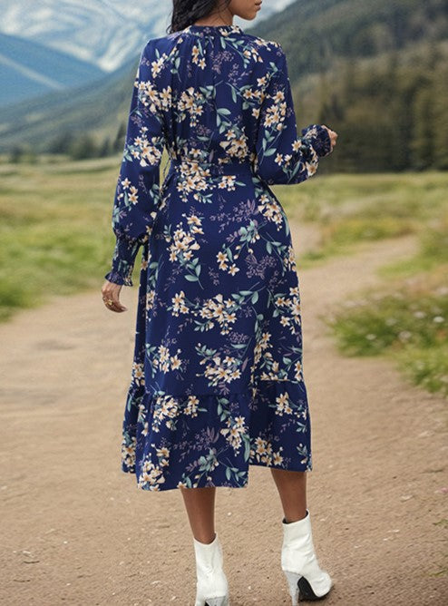 Blue Floral Surplice Long Sleeve Midi Dress - Blue - 6