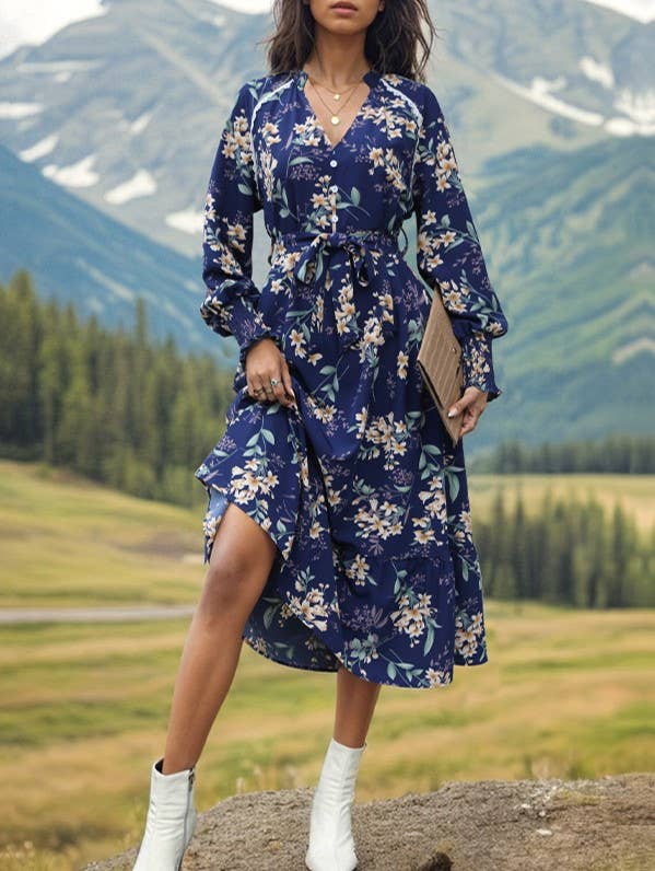 Blue Floral Surplice Long Sleeve Midi Dress