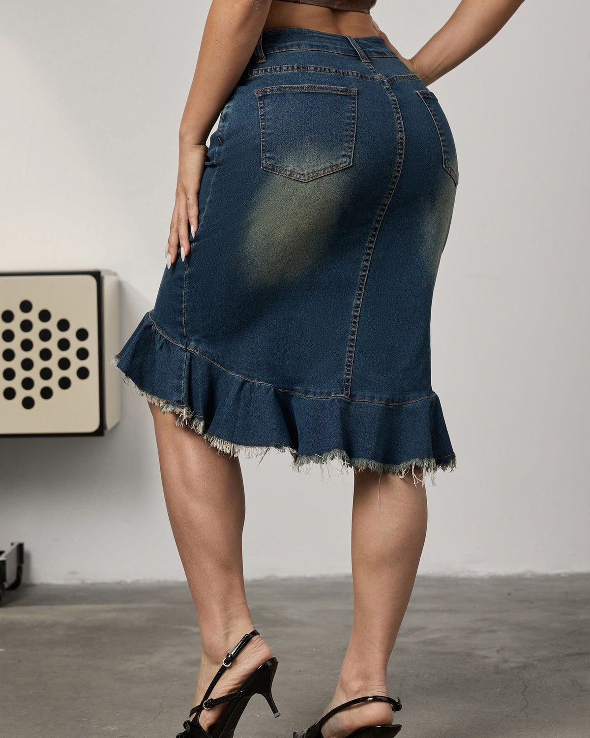 Frayed Ruffle Hem Denim Mermaid Skirt - Blue - 2