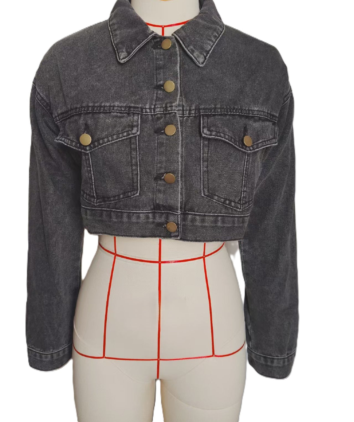 Cropped Denim Trucker Jacket With Chest Pockets - Black