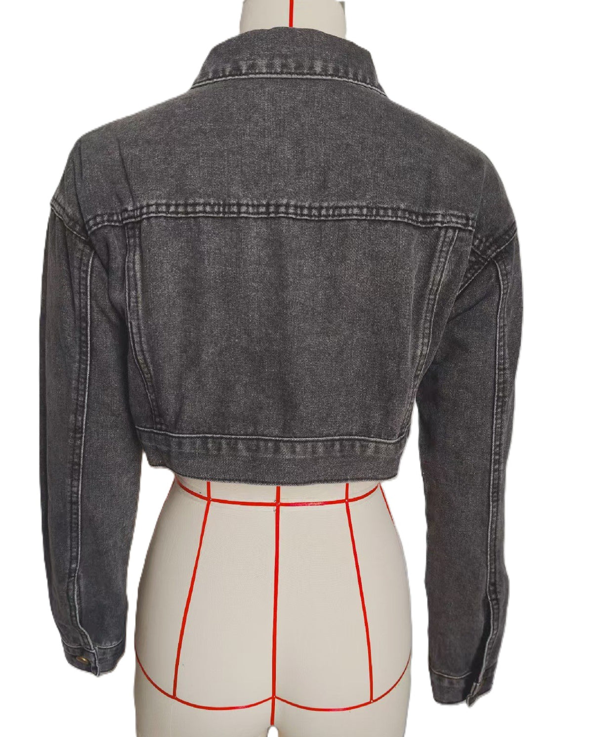 Cropped Denim Trucker Jacket With Chest Pockets - Black - 1