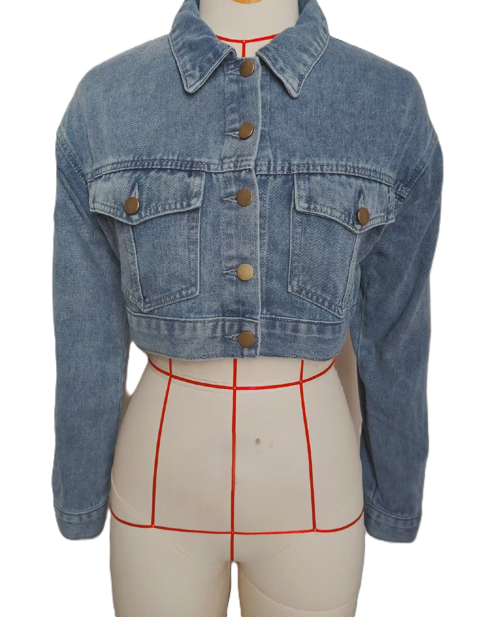 Cropped Denim Trucker Jacket With Chest Pockets - Blue