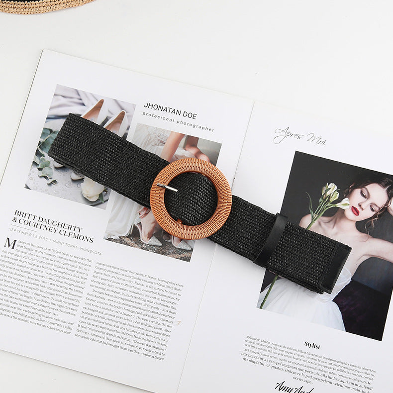 Woven Straw Stretch Belt With Round Buckle - Color_03