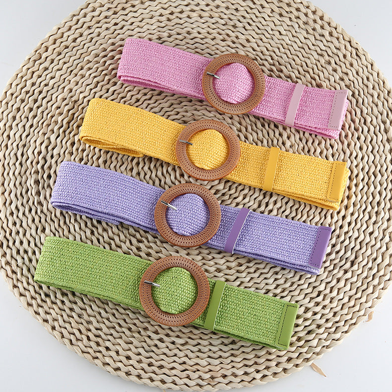Woven Straw Stretch Belt With Round Buckle - view 1