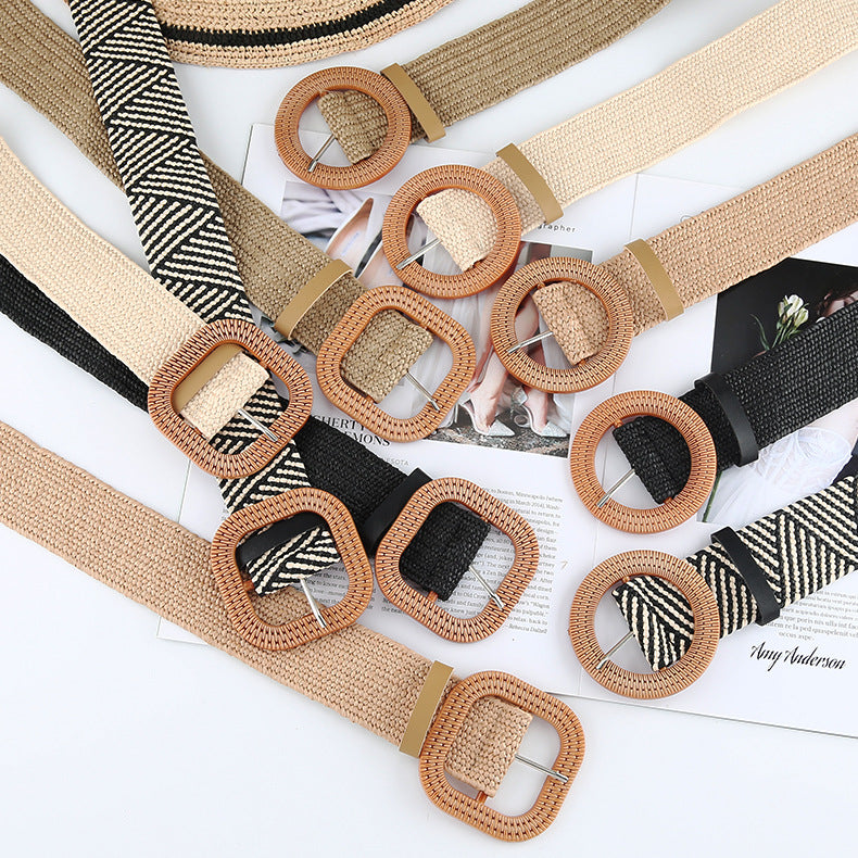 Woven Straw Stretch Belt With Round Buckle - view 2