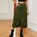 Cargo Pocket Front Slit Denim Midi Skirt - Army green