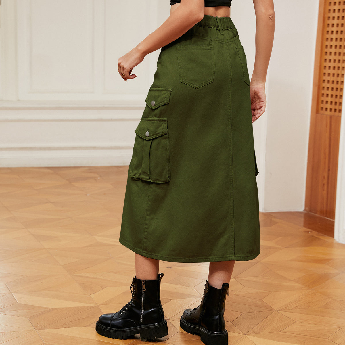 Cargo Pocket Front Slit Denim Midi Skirt - Army green - 1