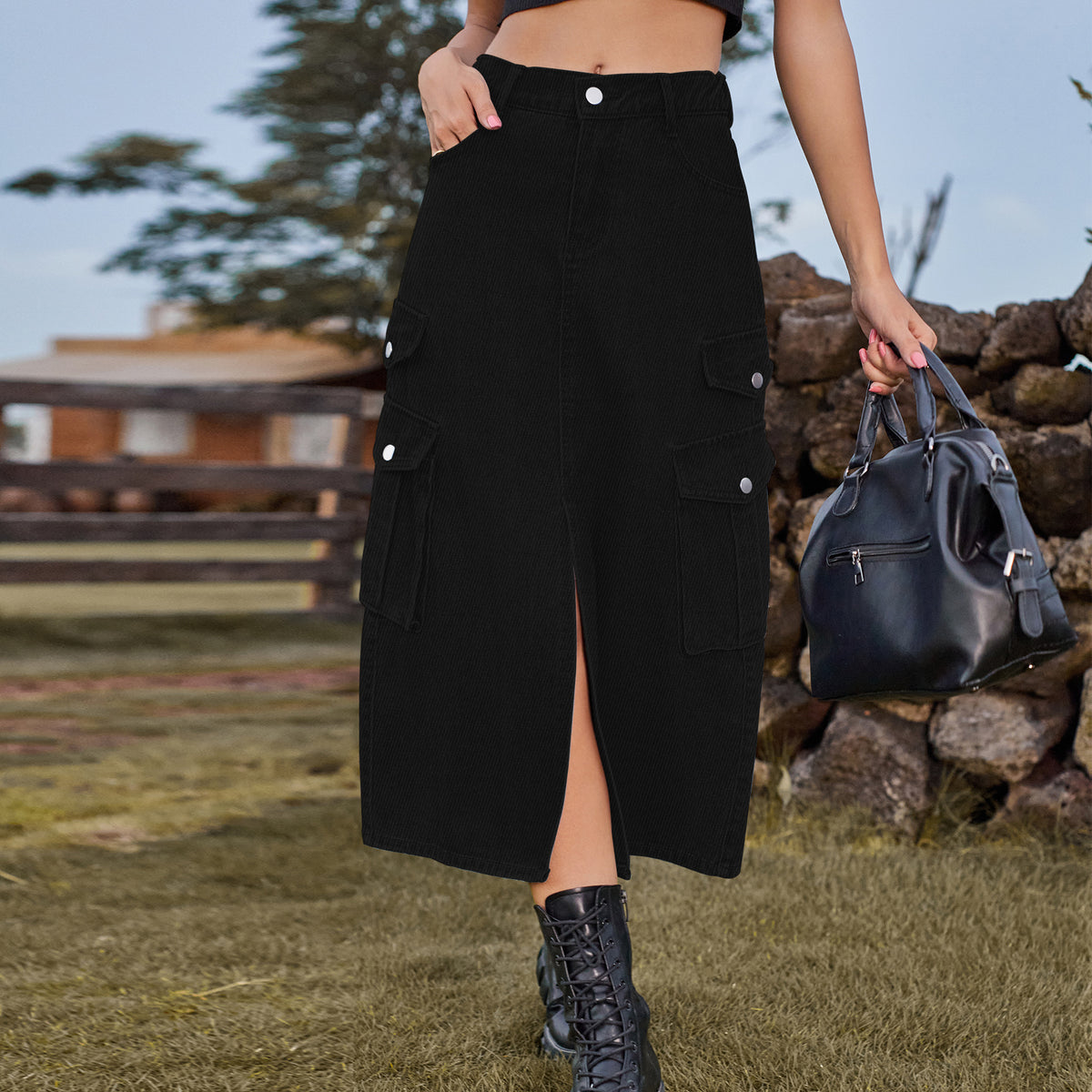 Cargo Pocket Front Slit Denim Midi Skirt - Black