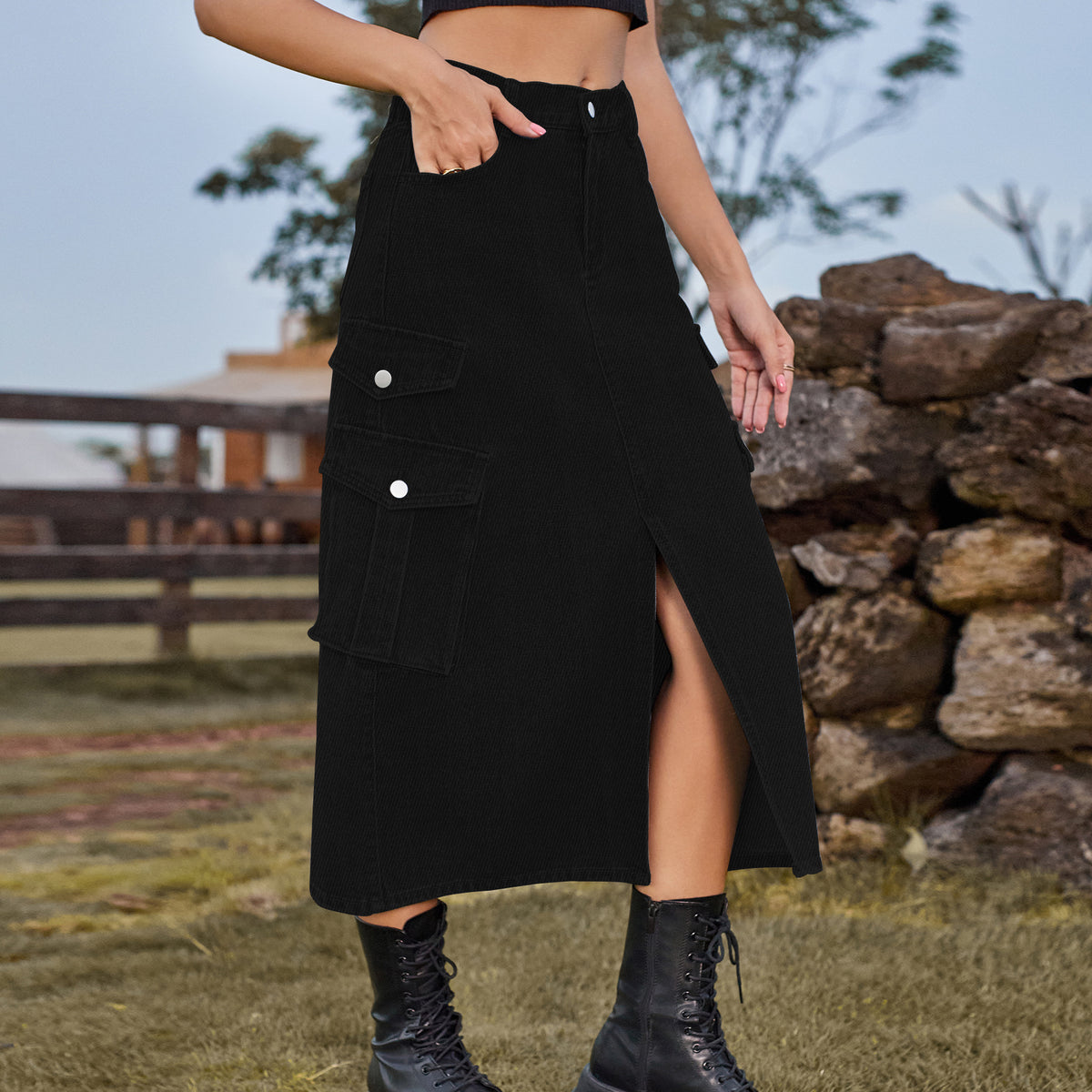 Cargo Pocket Front Slit Denim Midi Skirt - Black - 1