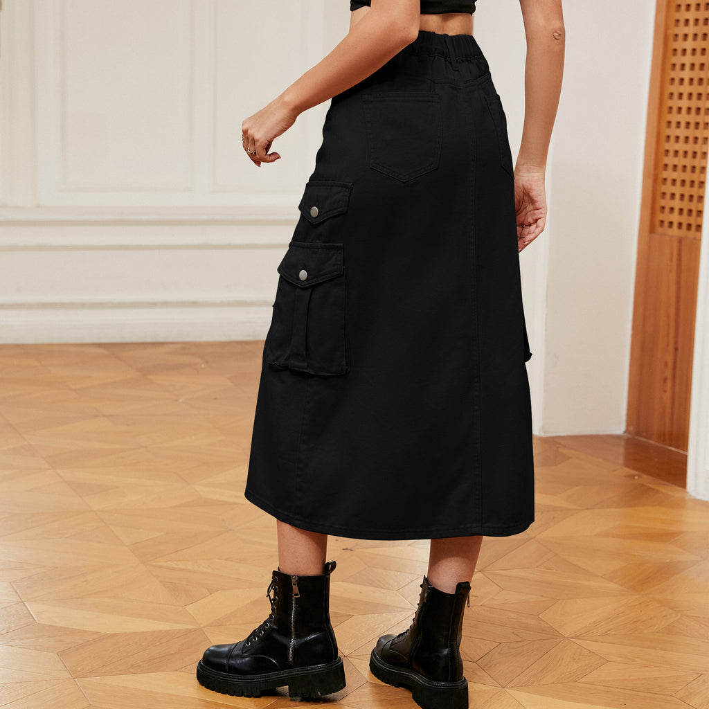 Cargo Pocket Front Slit Denim Midi Skirt - Black - 2