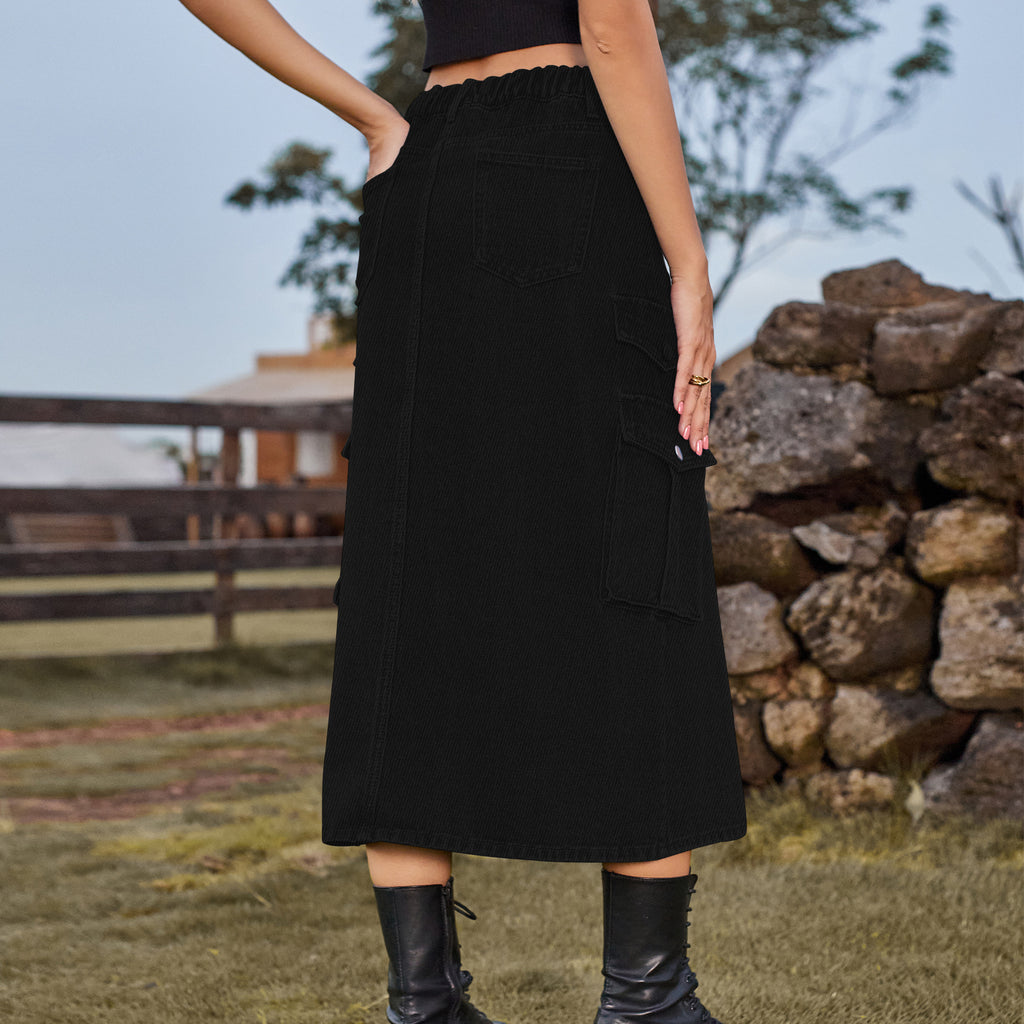 Cargo Pocket Front Slit Denim Midi Skirt - Black - 3