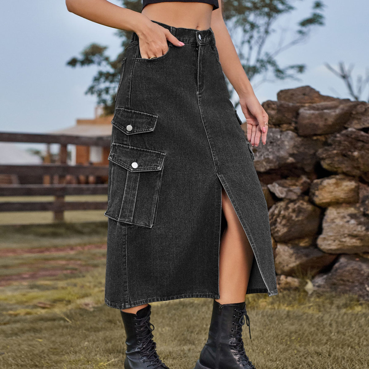Cargo Pocket Front Slit Denim Midi Skirt - Black gray