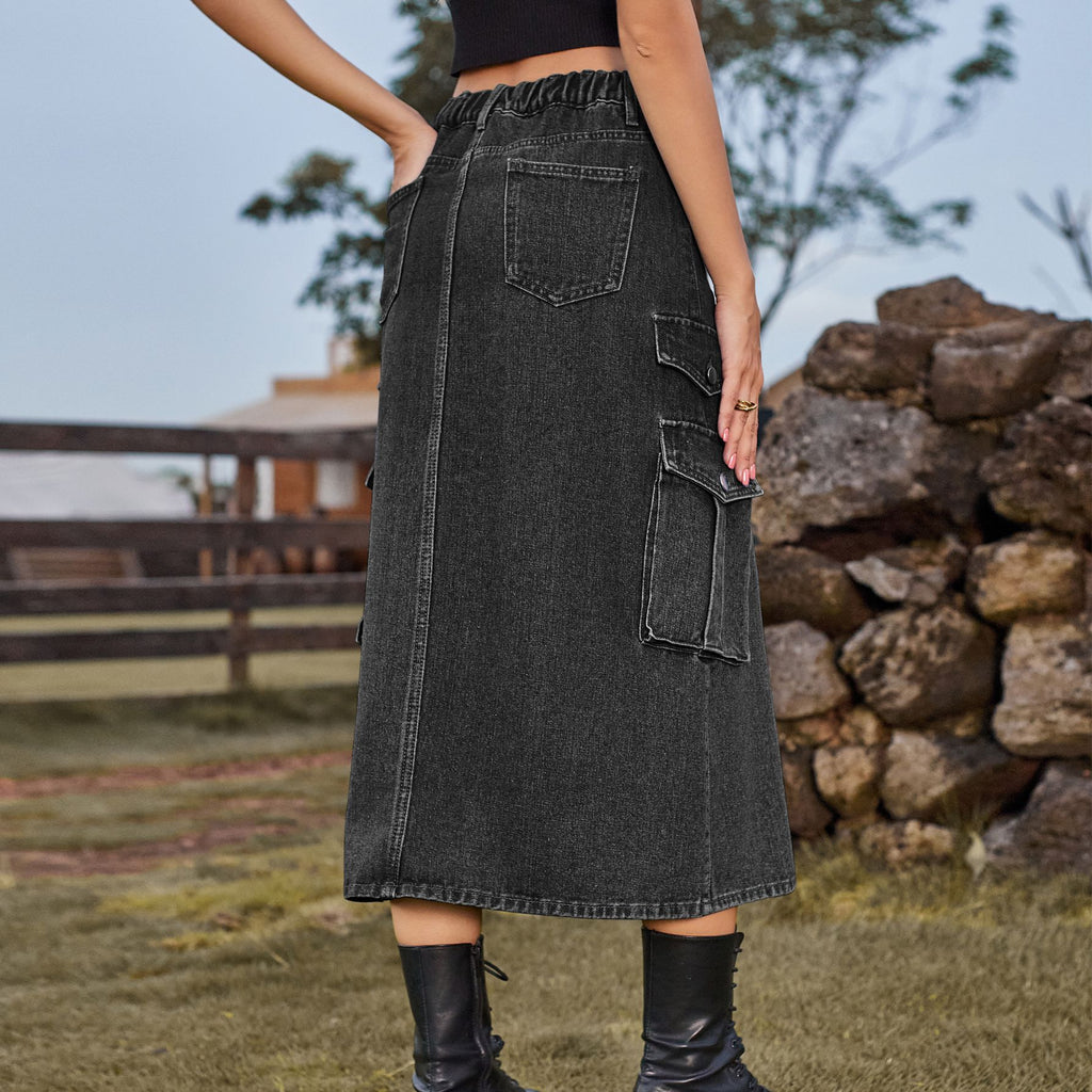 Cargo Pocket Front Slit Denim Midi Skirt - Black gray - 1