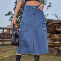 Cargo Pocket Front Slit Denim Midi Skirt - Denim blue