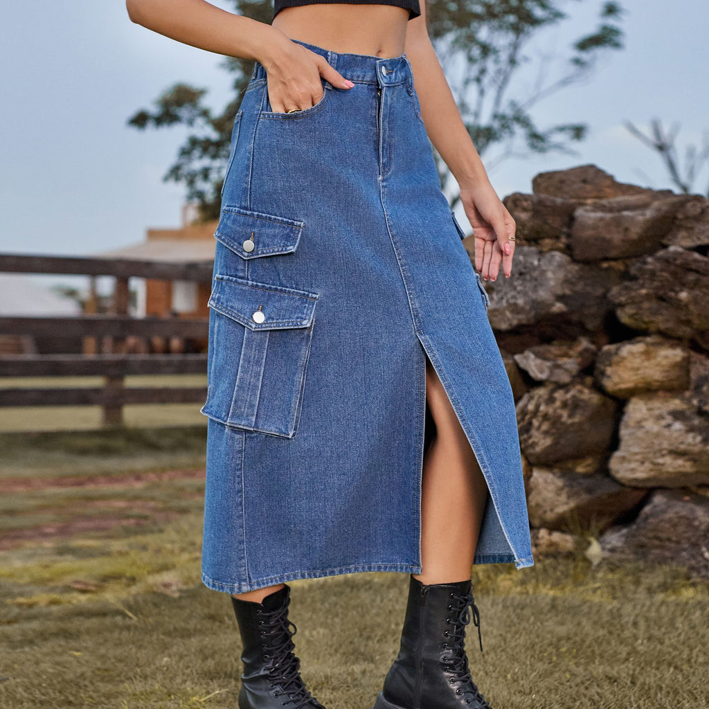 Cargo Pocket Front Slit Denim Midi Skirt - Denim blue - 1