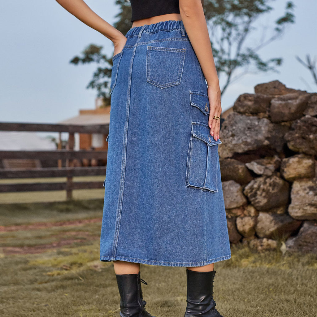 Cargo Pocket Front Slit Denim Midi Skirt - Denim blue - 2