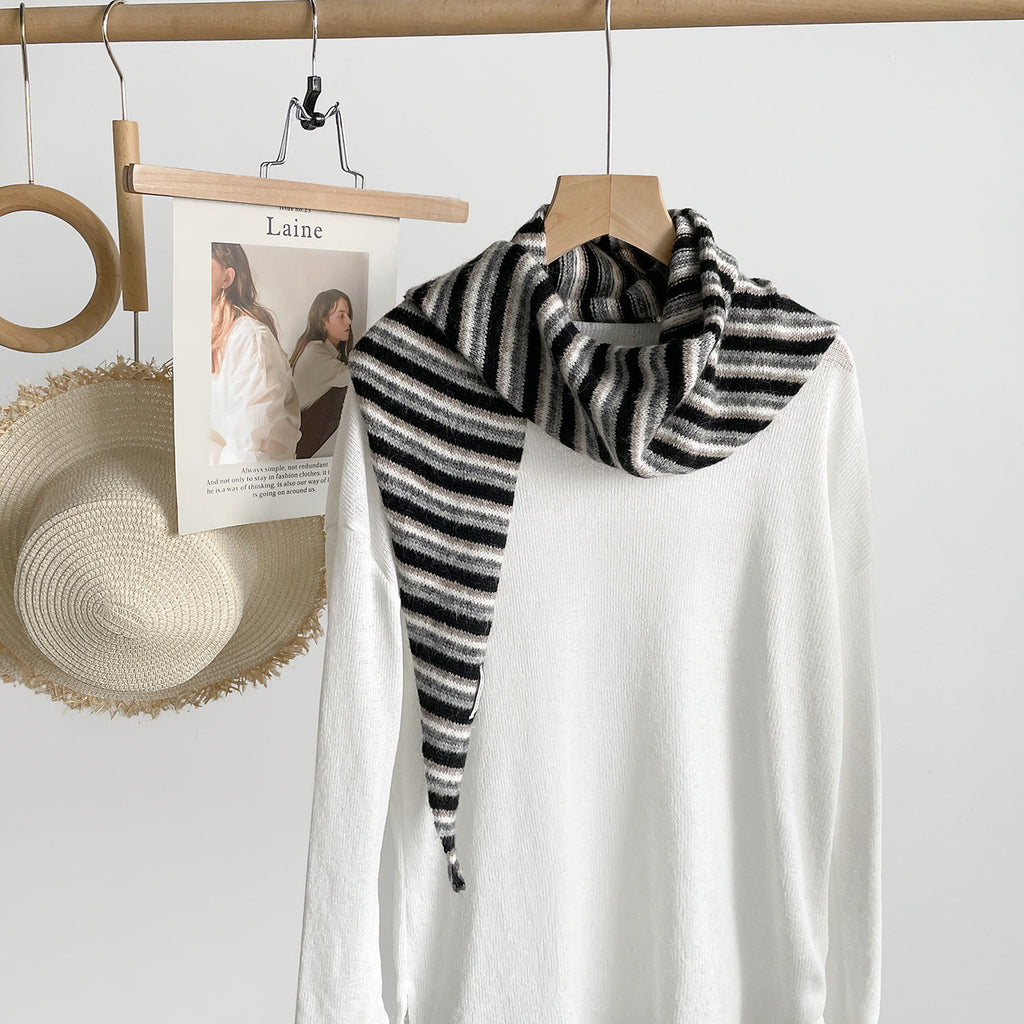 Bold Stripe Knit Triangle Neckerchief Scarf - Black