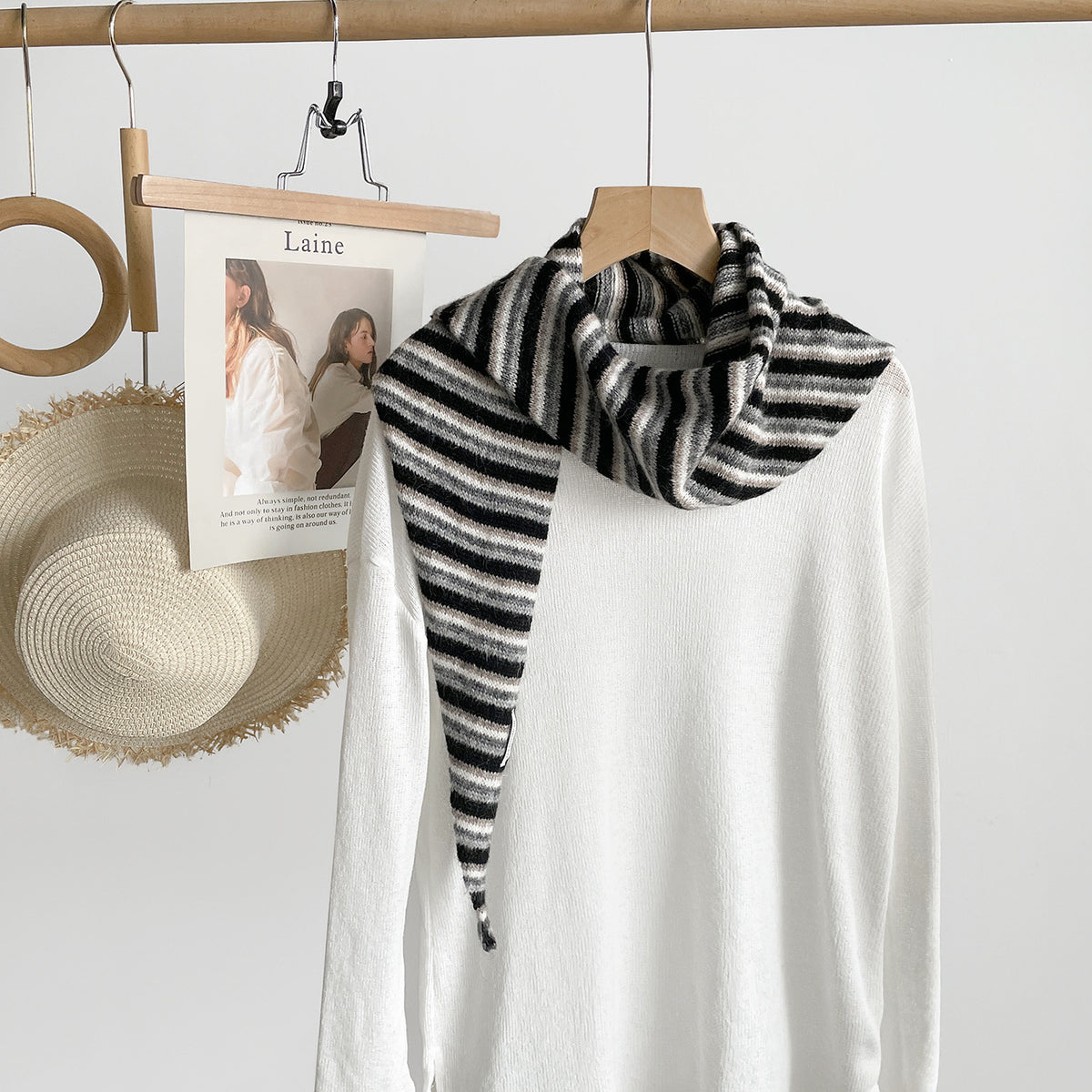 Bold Stripe Knit Triangle Neckerchief Scarf - Black