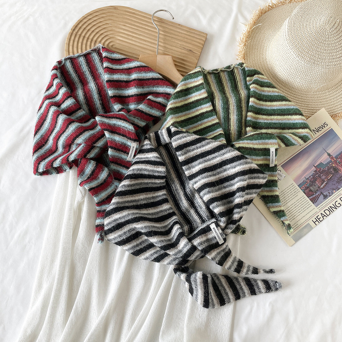 Bold Stripe Knit Triangle Neckerchief Scarf - Green - 1