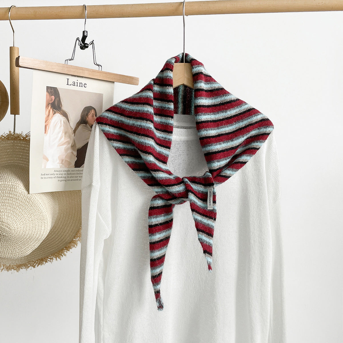 Bold Stripe Knit Triangle Neckerchief Scarf - Red