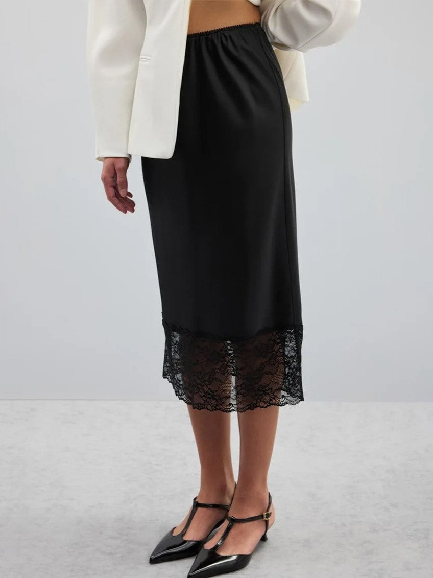 Lace Trim Satin Midi Pencil Skirt - Black