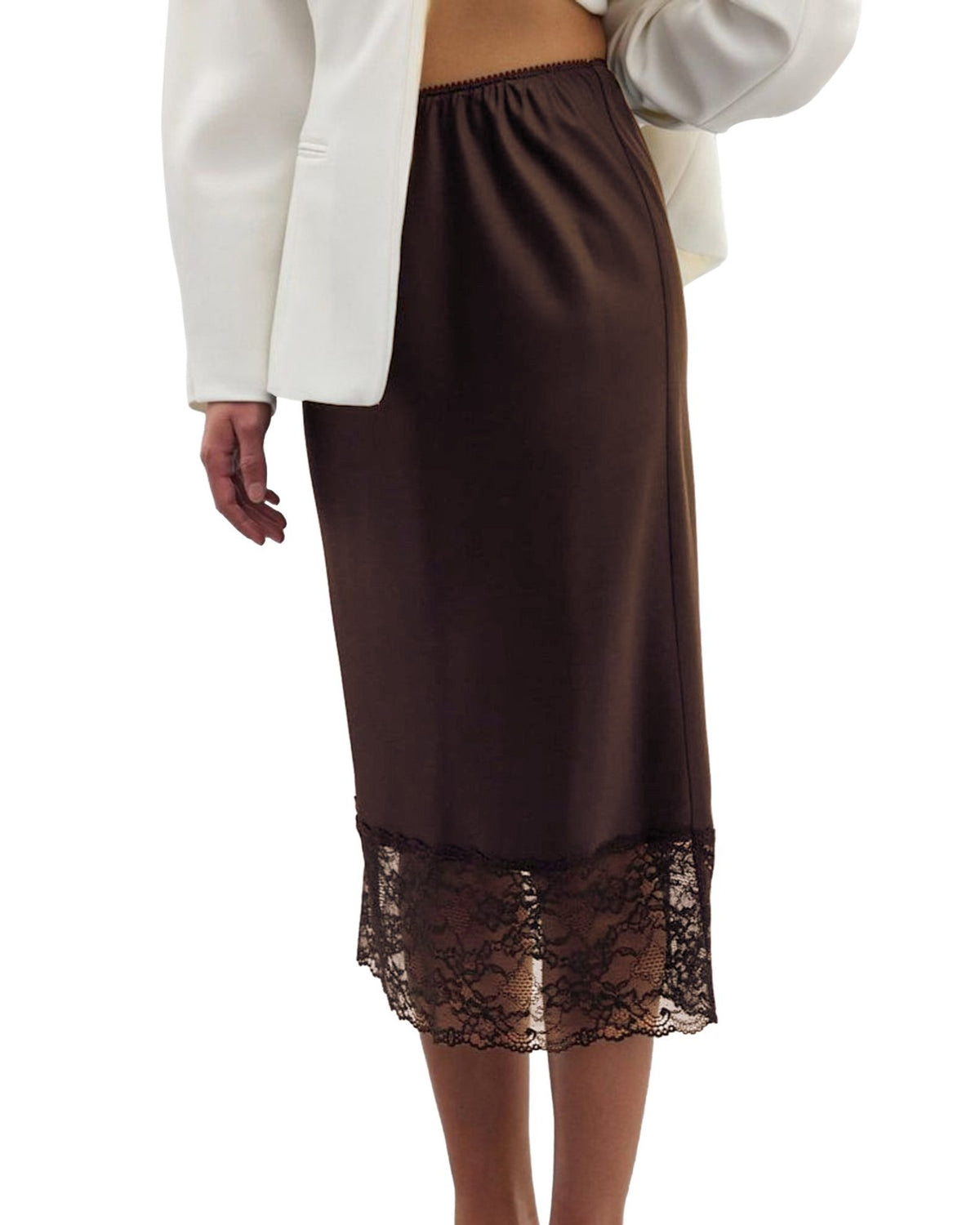 Lace Trim Satin Midi Pencil Skirt - Brown