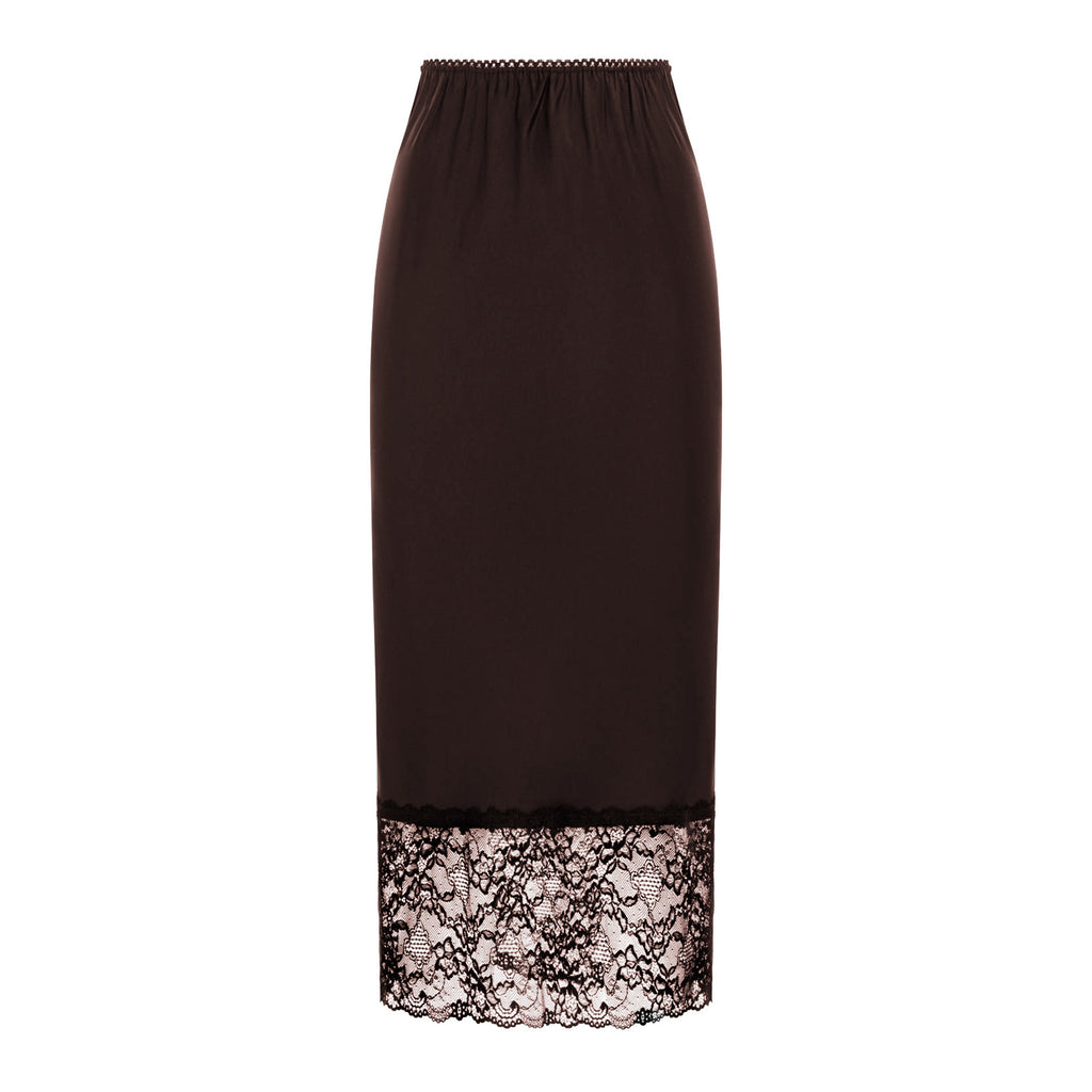 Lace Trim Satin Midi Pencil Skirt - Brown - 1
