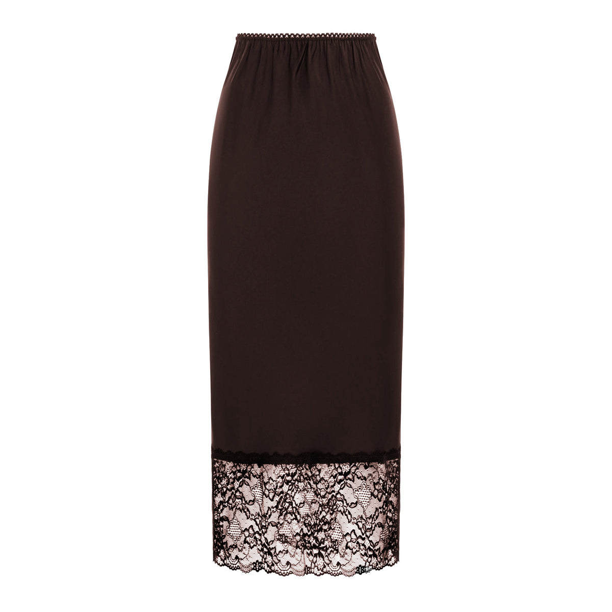 Lace Trim Satin Midi Pencil Skirt - Brown - 1