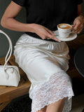 Lace Trim Satin Midi Pencil Skirt - White