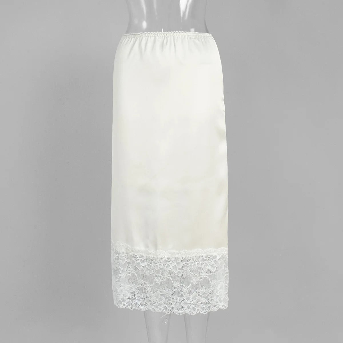 Lace Trim Satin Midi Pencil Skirt - White - 1