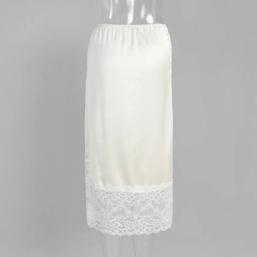 Lace Trim Satin Midi Pencil Skirt - White - 2