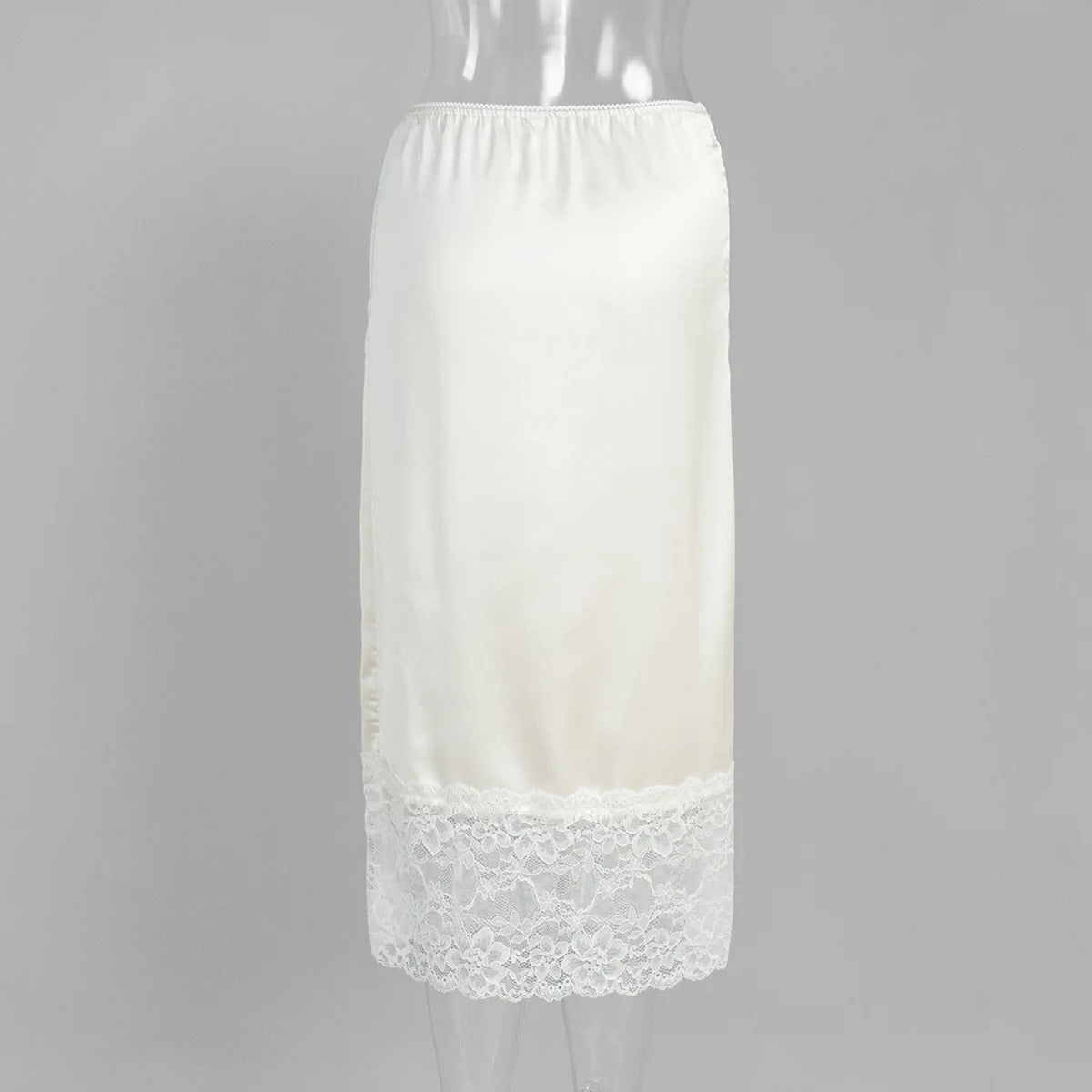 Lace Trim Satin Midi Pencil Skirt - White - 2